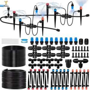 230FT Drip Irrigation System with 40 Nozzles & Emitters, 1/2" & 1/4" Tubes, Barbed Fittings, Adjustable Sprinklers Kit for Garden, Greenhouse, Lawn, Raised Bed