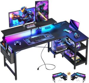 ODK 48 Inch Reversible L Shaped Corner Gaming Desk with LED Lights, USB Charging Ports, Power Outlets, Storage Shelves & Monitor Stand, Black