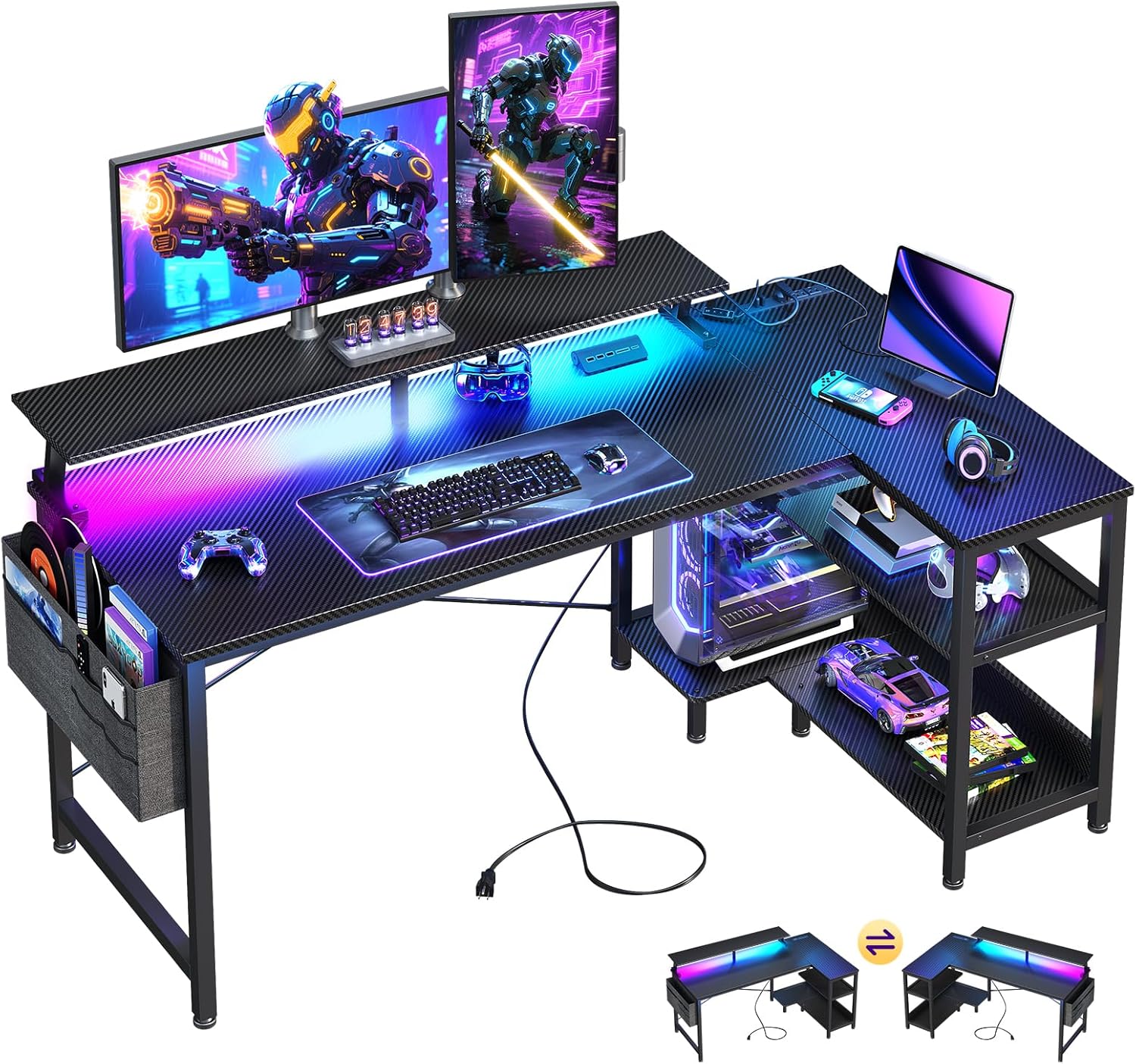 ODK 48 Inch Reversible L Shaped Corner Gaming Desk with LED Lights, USB Charging Ports, Power Outlets, Storage Shelves & Monitor Stand, Black