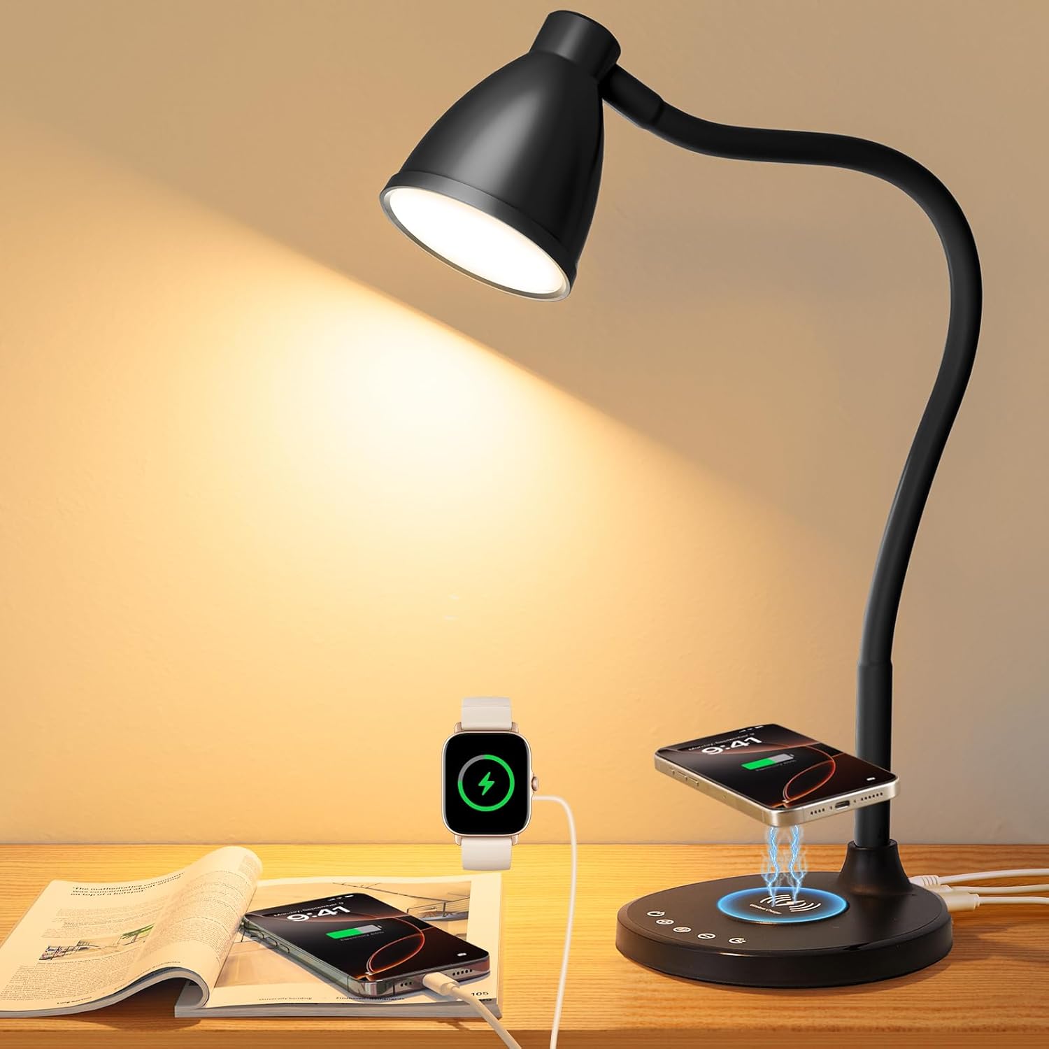BOHON Desk Lamp with Wireless Charger & USB C/A Ports, Stepless Dimming LED Reading Light, Timer Touch Lamp for Home Office & College Dorm