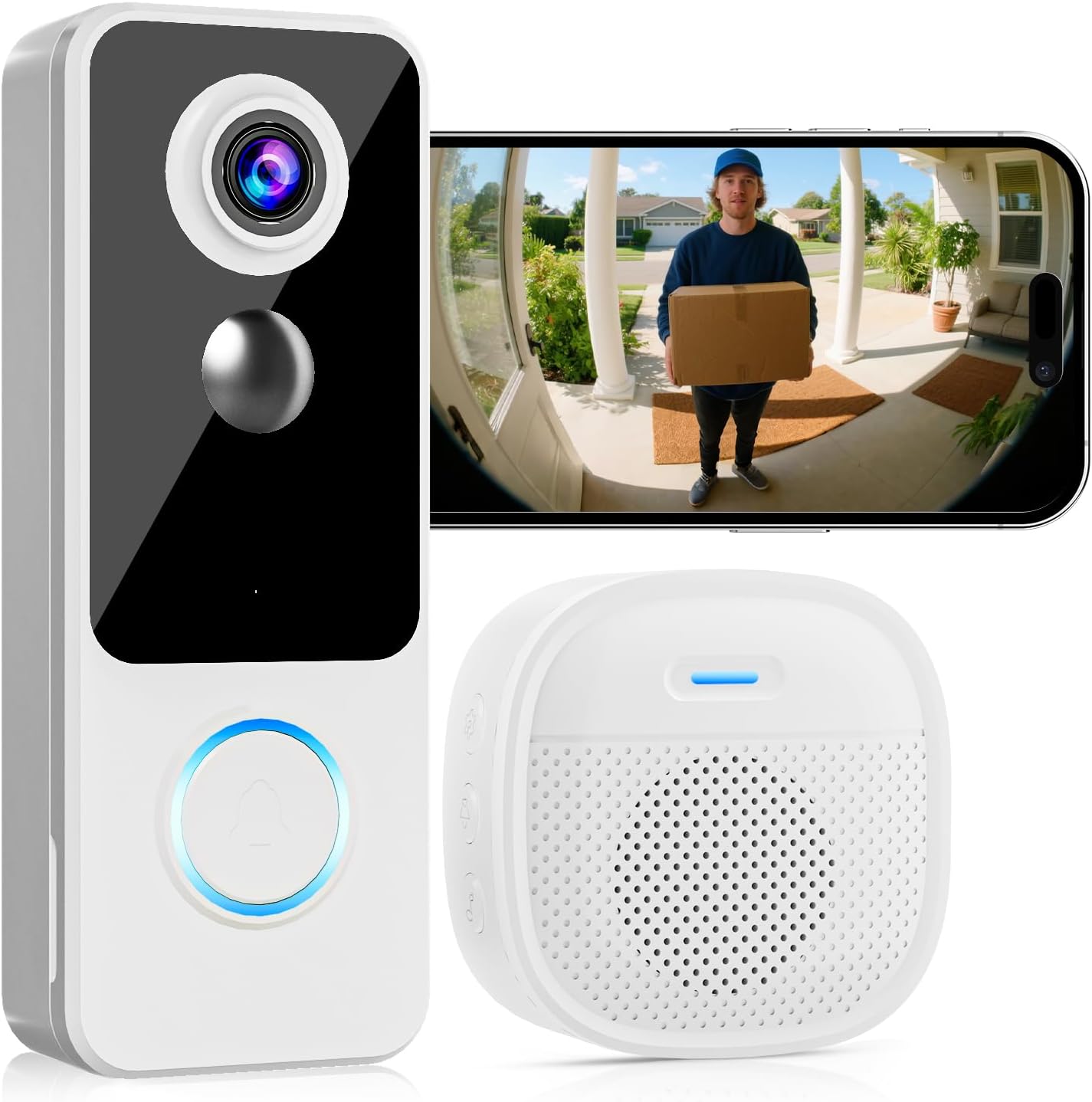 Wireless Video Doorbell 2K FHD, No Subscription, Battery Powered, Two