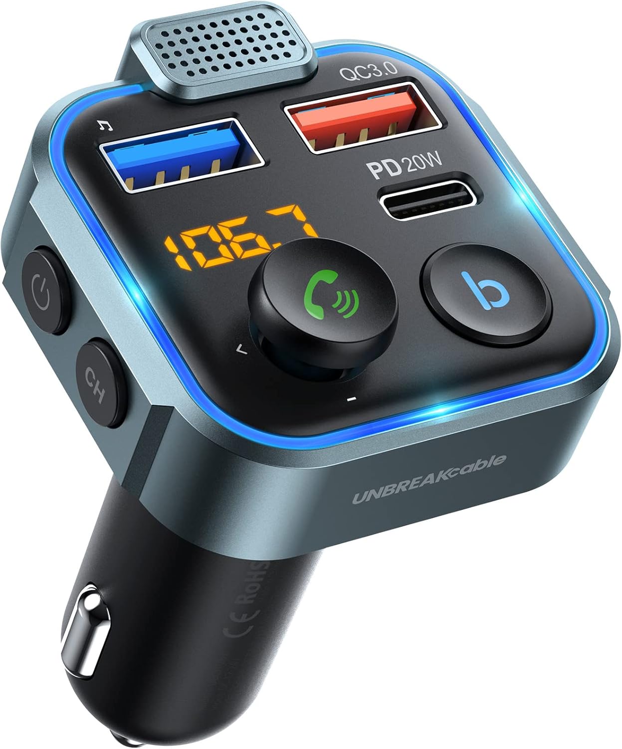 UNBREAKcable Bluetooth 5.3 FM Transmitter for Car with PD 20W & QC 3.0 Charger, Strong Microphone & HiFi Bass Sound, Hands