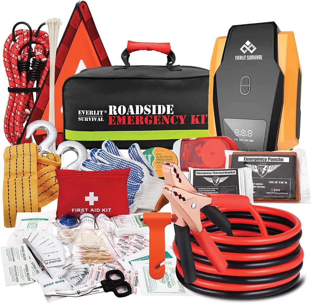 Everlit Survival Car Emergency Kit with Air Compressor, First Aid, Jumper Cables & Tow Strap for Roadside Safety