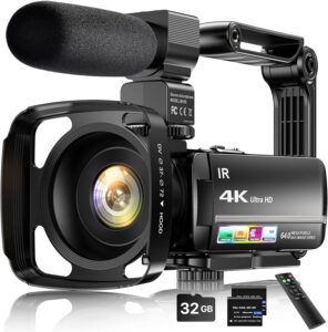 4K Vlogging Camera with 64MP, 3" Touch Screen, 18X Zoom, Night Vision & YouTube Accessory Kit
