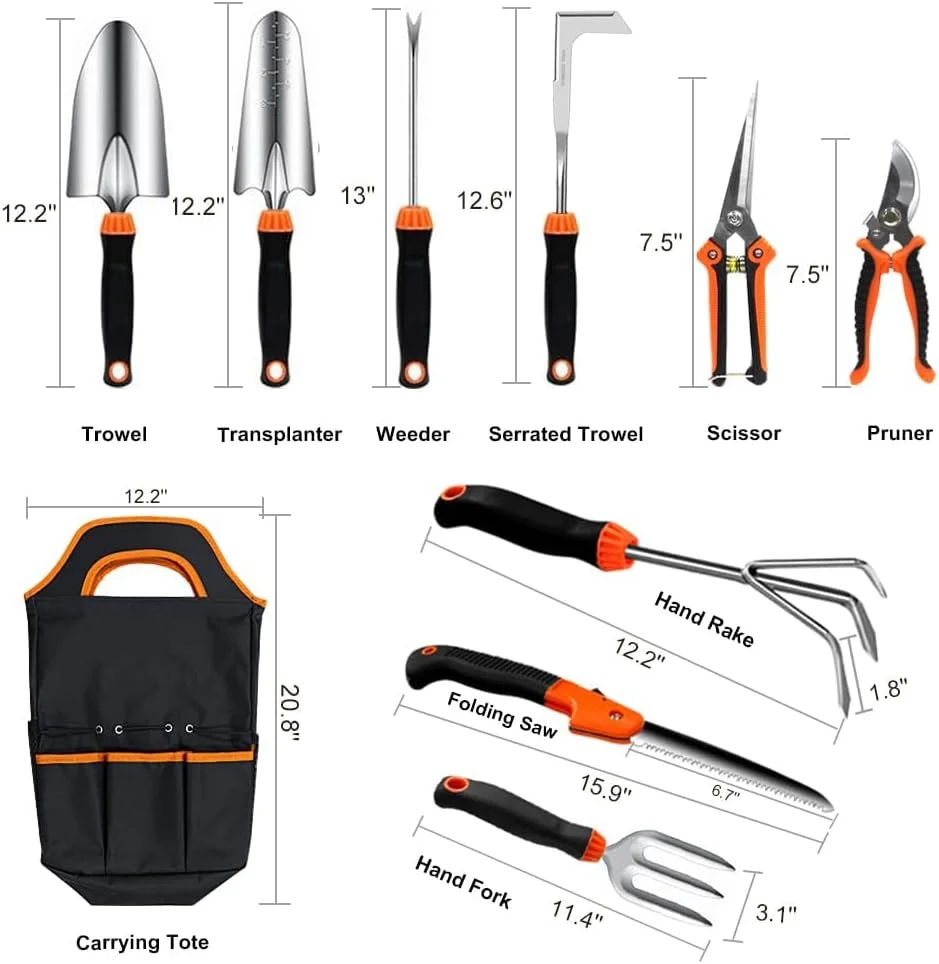 Garden Tool Set,10 PCS Stainless Steel Heavy Duty Gardening Tool Set with Soft Rubberized...