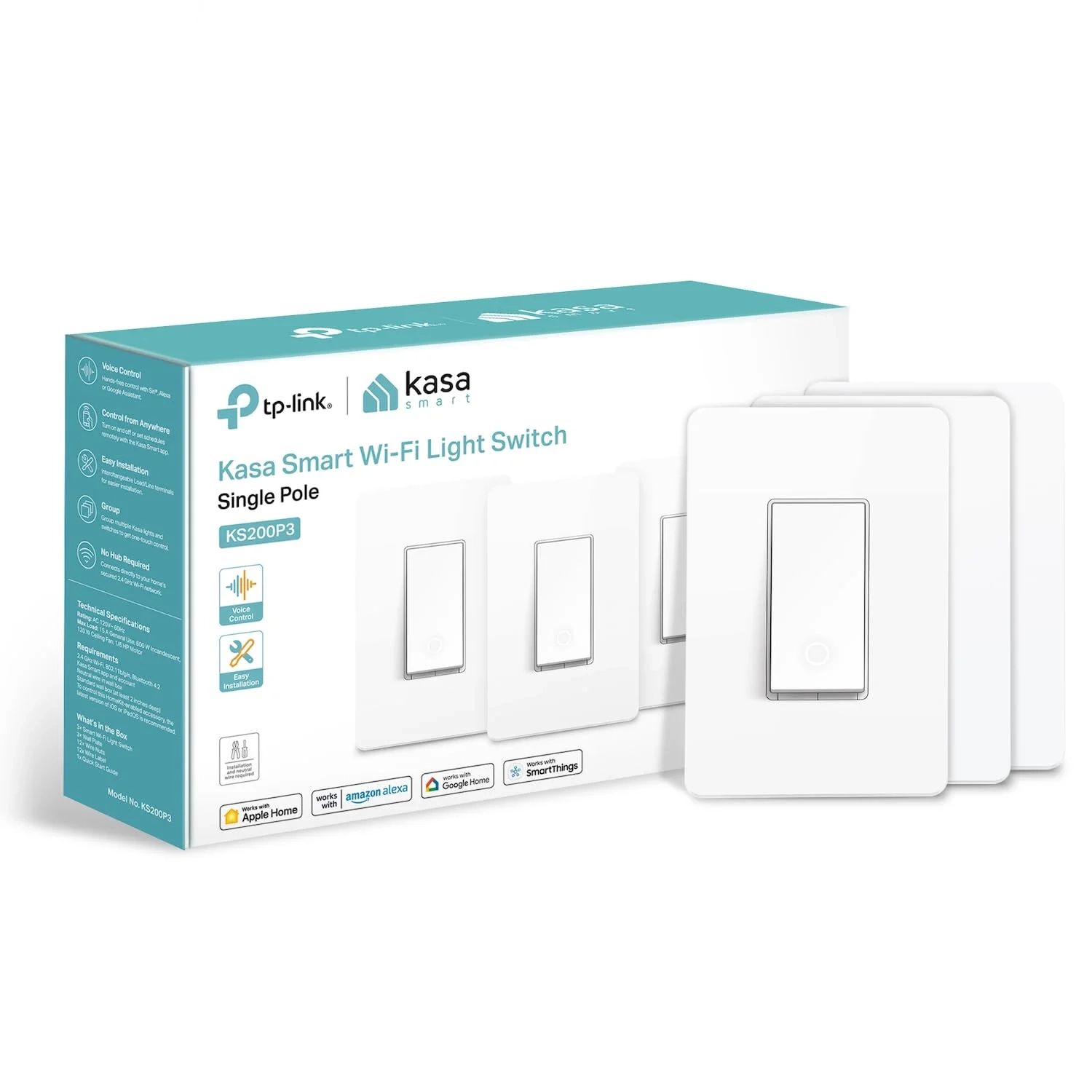 Kasa Smart Kasa Apple HomeKit Smart Light Switch KS200P3, Single Pole, Neutral Wire Required,...