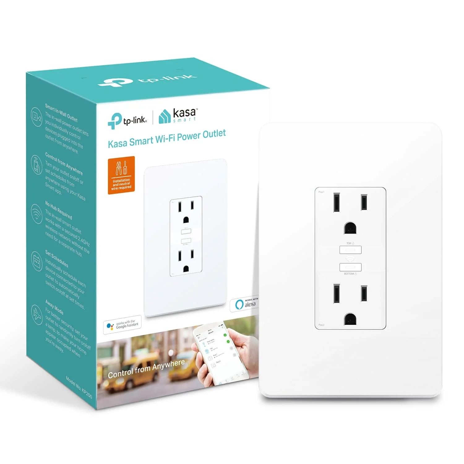 Kasa Smart Plug KP200, In-Wall Smart Home Wi-Fi Outlet Works with Alexa, Google Home & IFTTT, No