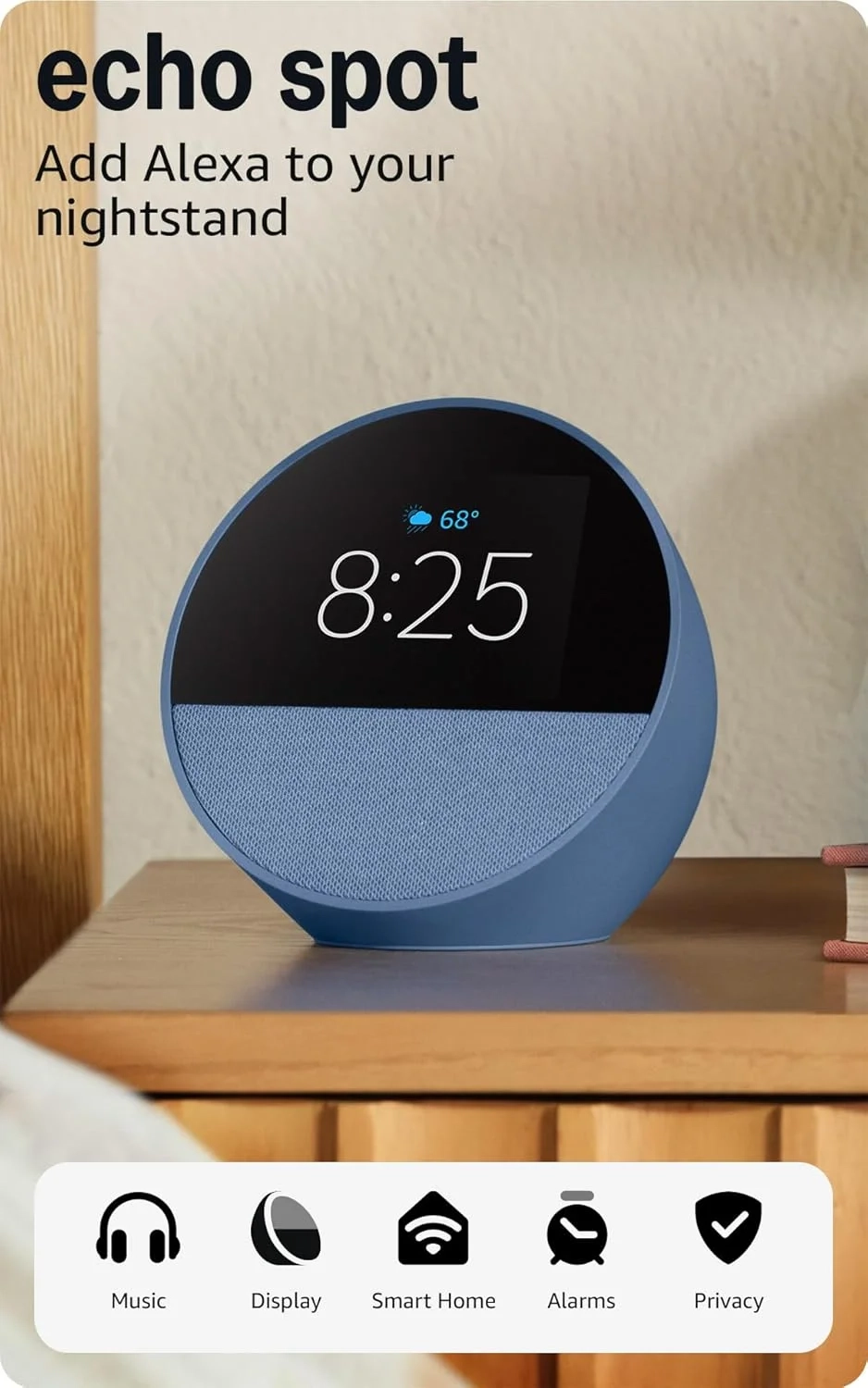 Amazon Echo Spot (newest model), Great for nightstands, offices and kitchens, Smart alarm clock