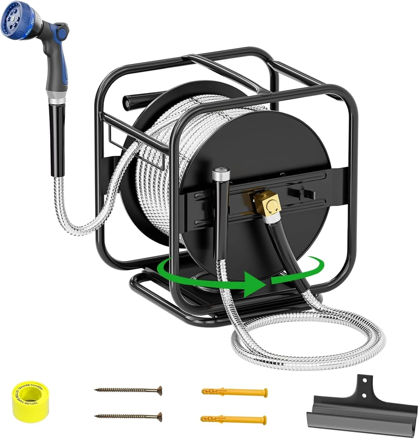 SPECILITE Upgraded Metal Garden Hose Reel With 100 Ft 304 Stainless Steel Water Pipe, Heavy Duty