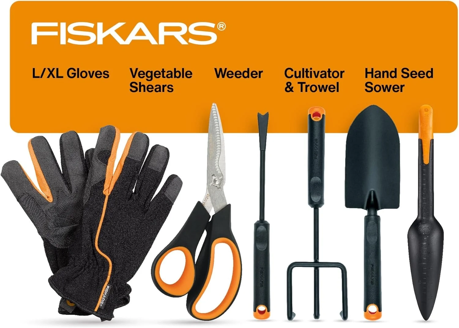 Fiskars Vegetable Garden Tool Set with Vegetable Shears, Seed Sower, Trowel, Cultivator, Weeder,