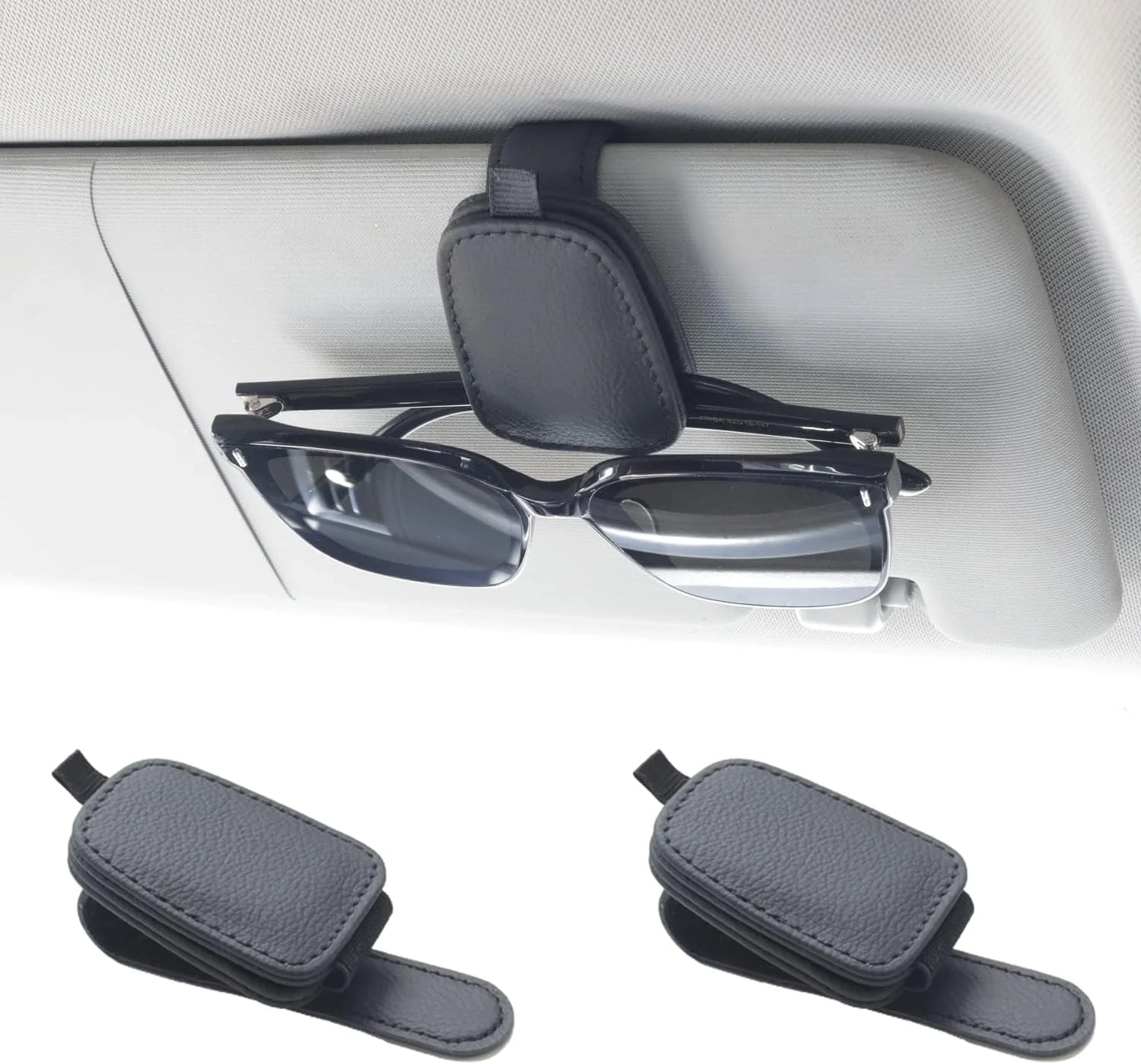 Yuoyar Sunglass Holder for Car, Magnetic Leather Sunglasses Holder and Ticket Card Clip, Car Visor