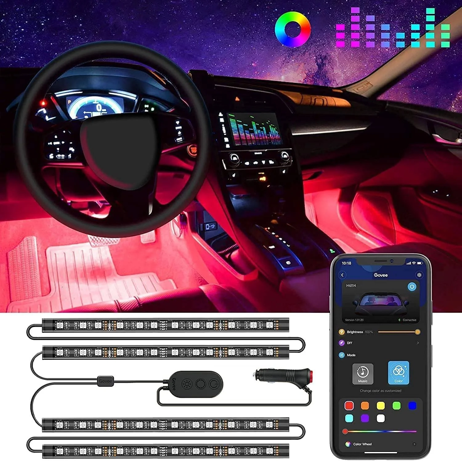 Govee Car LED Lights, Smart Car Interior Lights with App Control, RGB Lights with DIY Mode and...