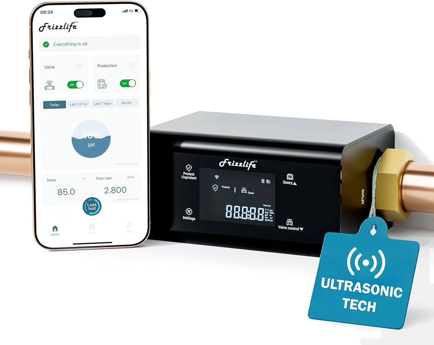 Frizzlife LP365 Smart Water Monitor: Ultrasonic Leak Detection, Wi