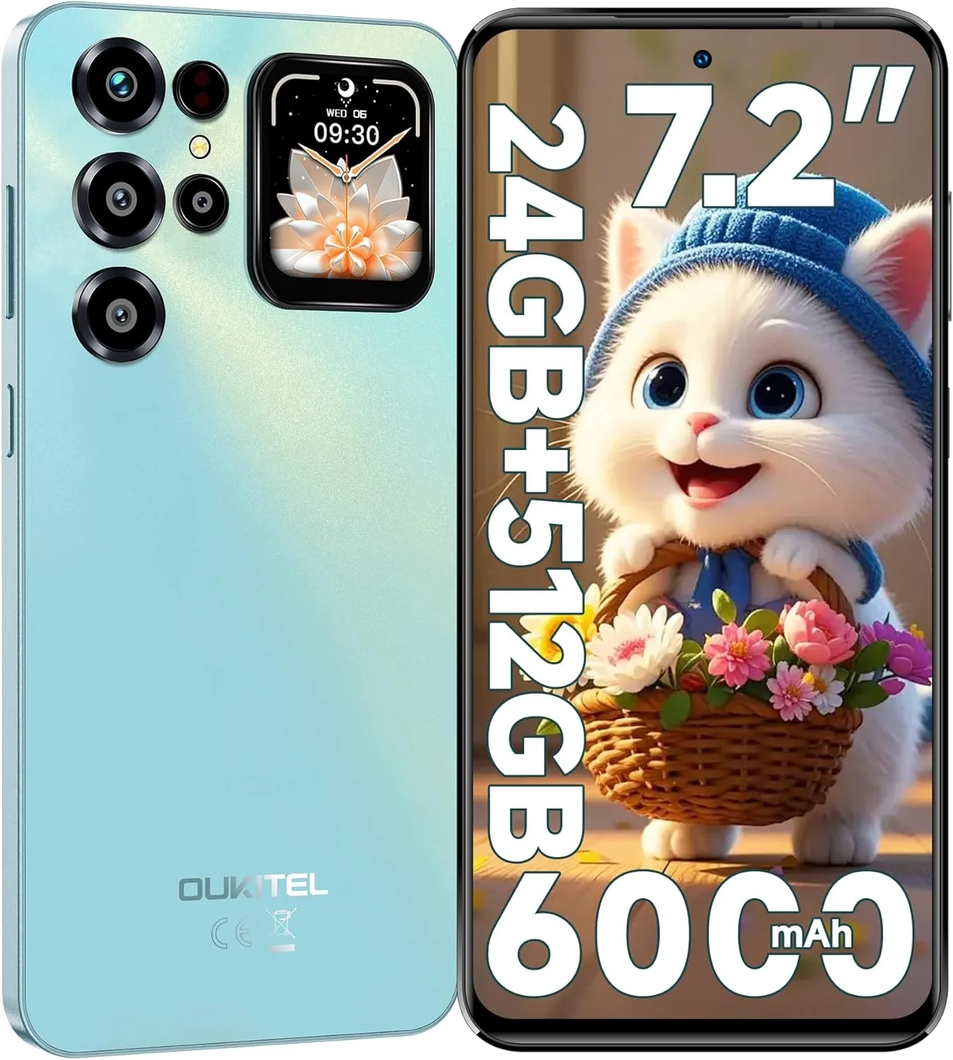 OUKITEL C68 Plus Cell Phone Unlocked with 7.2" Display+1.81" Rear Screen, 24GB RAM+512GB ROM,