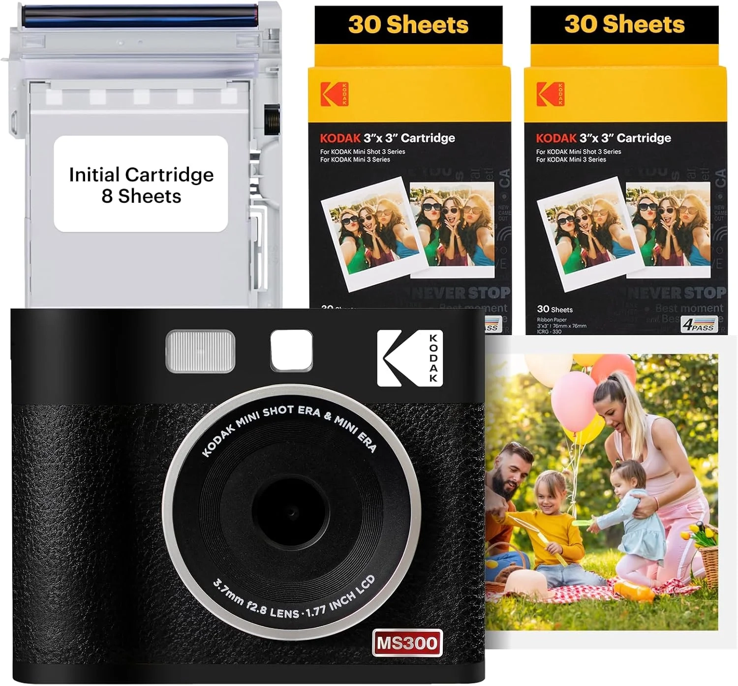 KODAK Mini Shot 3 ERA 4PASS 2-in-1 Instant Camera and Photo Printer (Black, Camera + Initial 8...