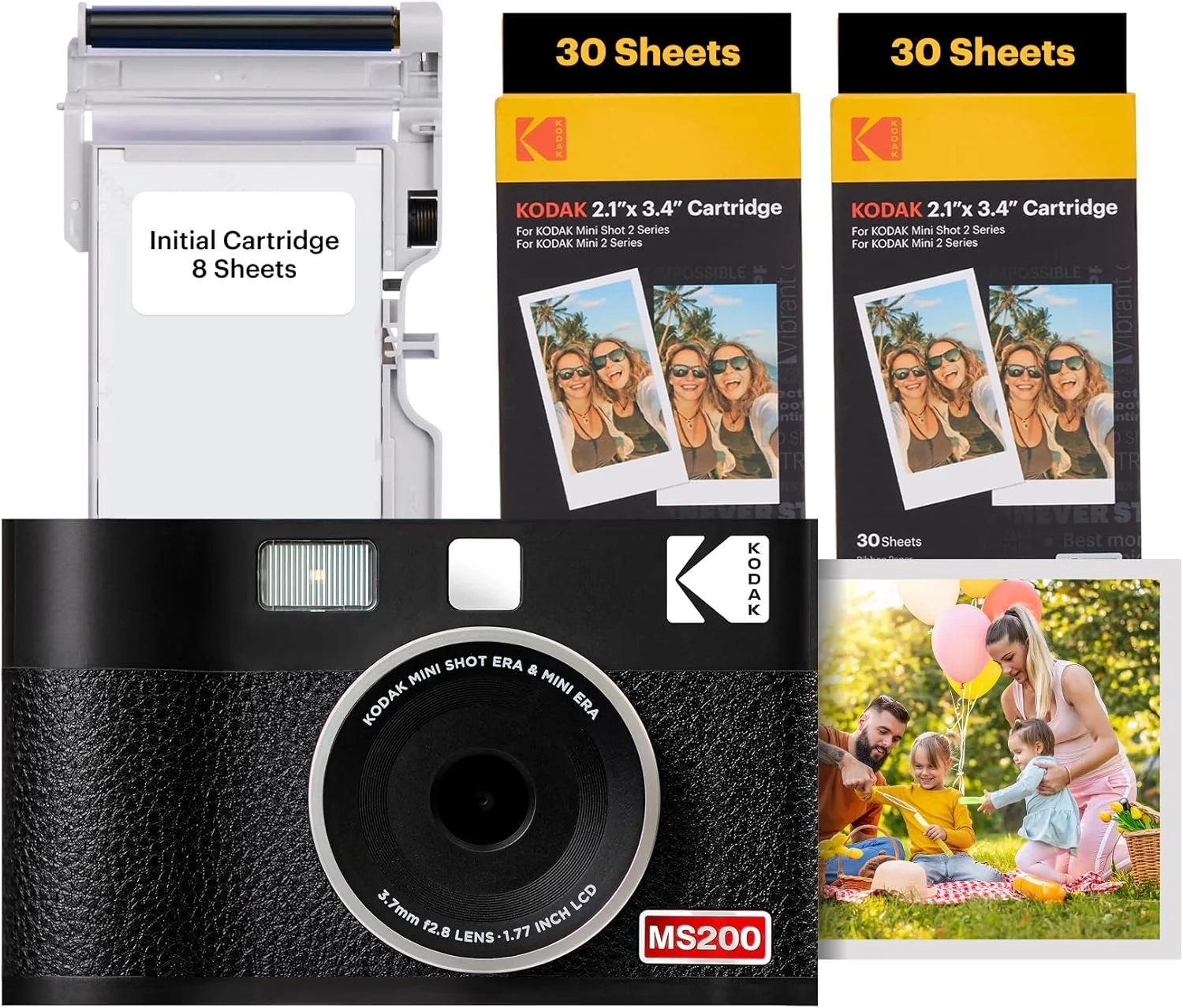 KODAK Mini Shot 2 ERA 4PASS 2-in-1 Instant Camera and Photo Printer (Black, Camera + Initial 8...