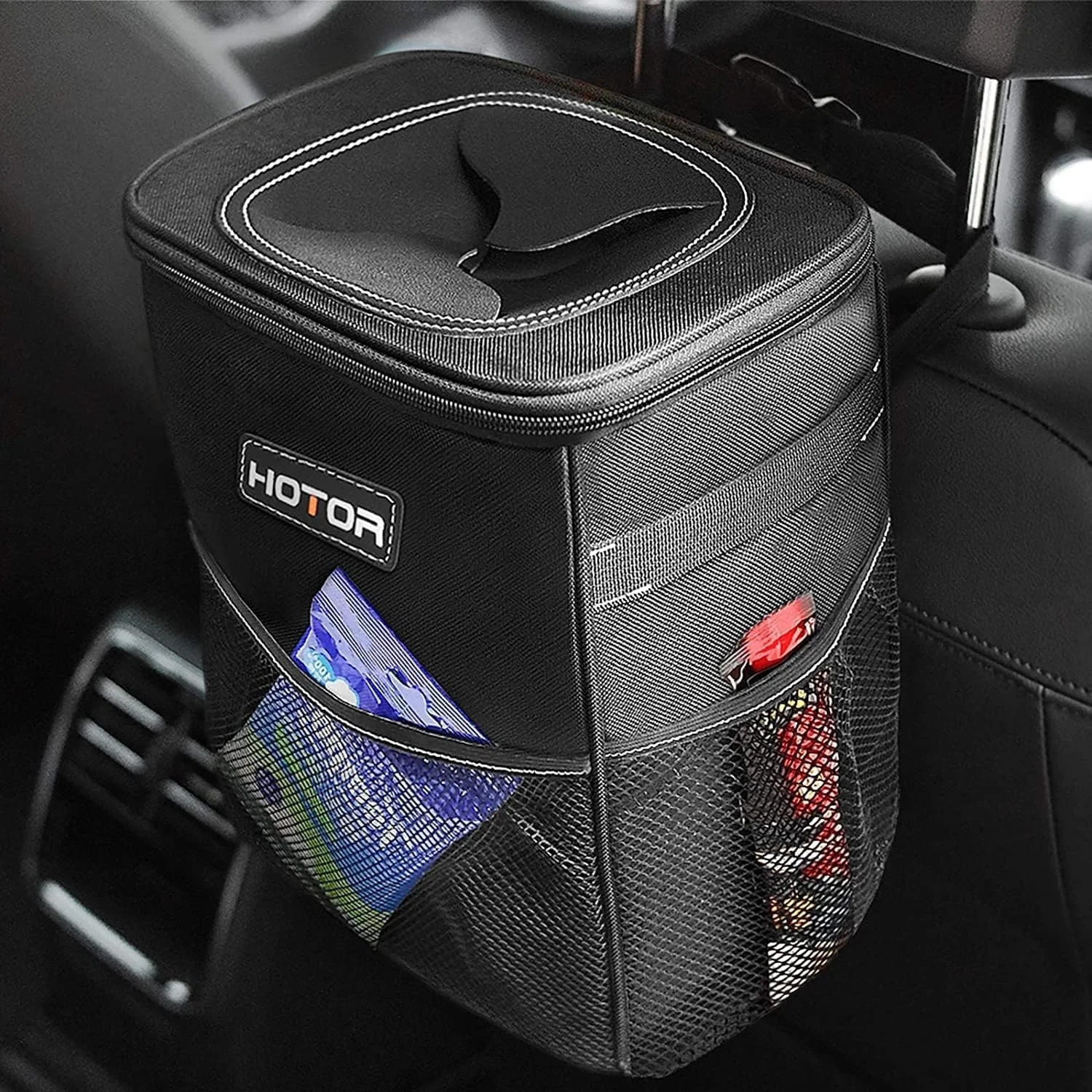 HOTOR Car Trash Can with Lid and Storage Pockets - 100% Leak-Proof Organizer, Waterproof Garbage