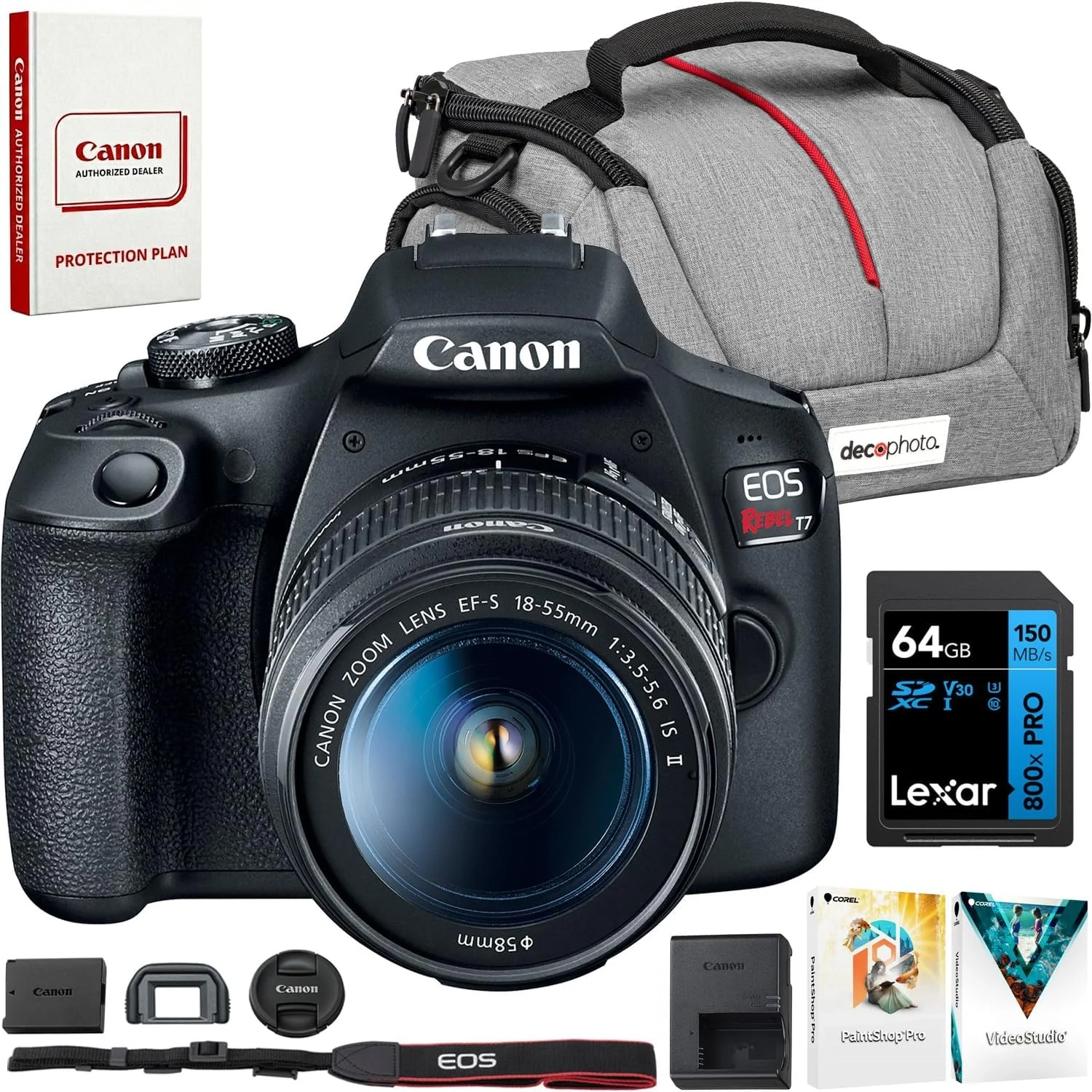 Canon EOS Rebel T7 Digital SLR Camera 18-55mm f/3.5-5.6 is II Kit 2727C002 Bundle with Lexar...